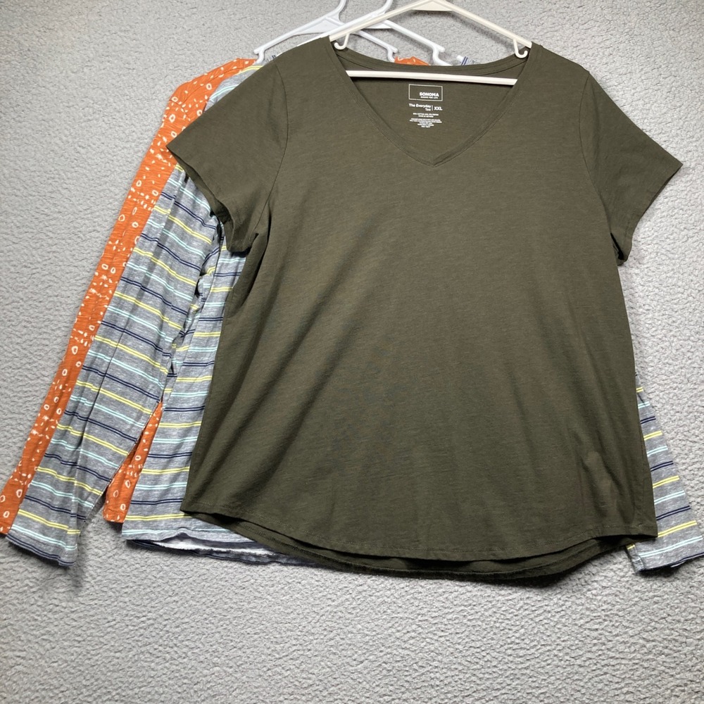 Sonoma Goods For Life‎ T-Shirt Bundle Women XXL Olive Striped Orange V-Neck 3pk